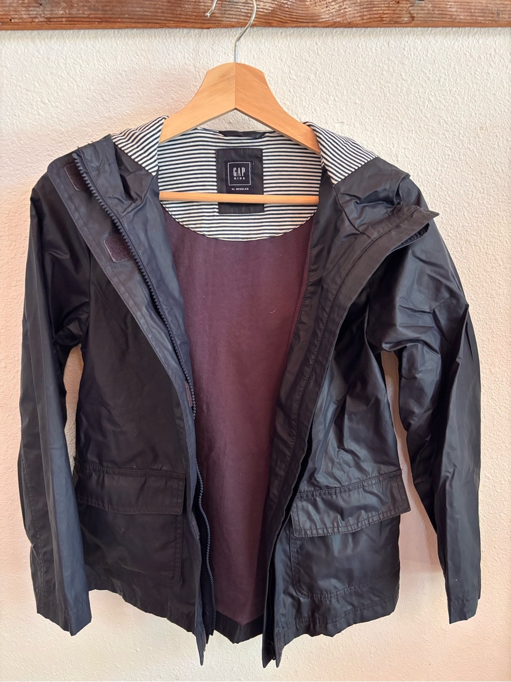 GAP Kid XL Black Hooded Utility Jacket with Striped Lining